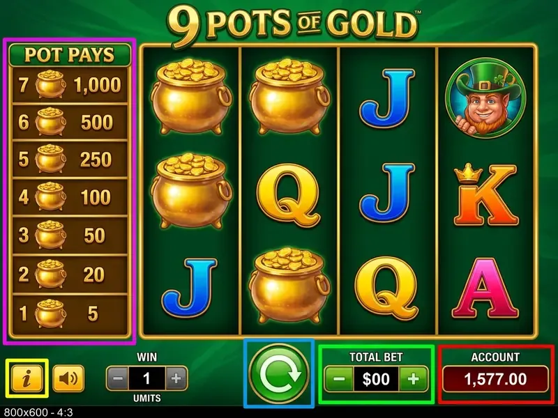 9 pots of gold play interface controls