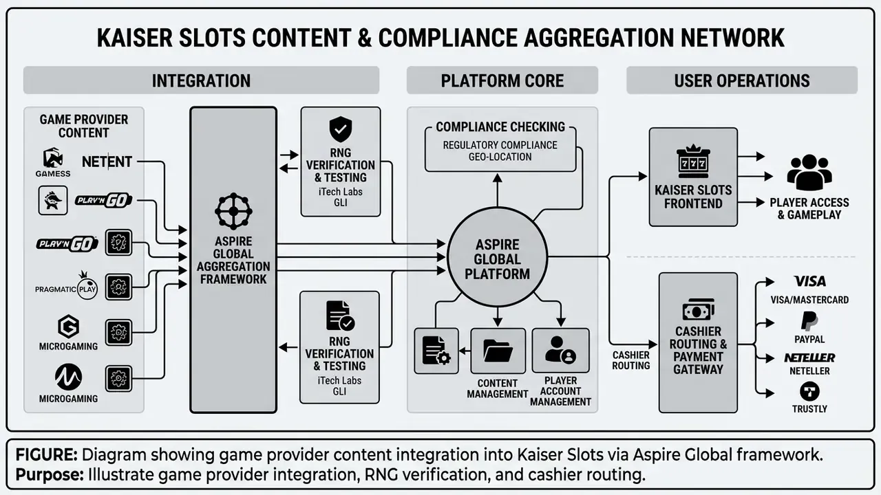 Diagram showing game provider content integration into Kaiser Slots via Aspire Global framework.