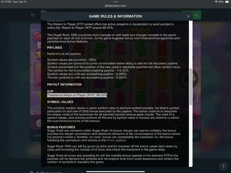 Sugar Rush 1000 rules panel showing RTP 96.53%