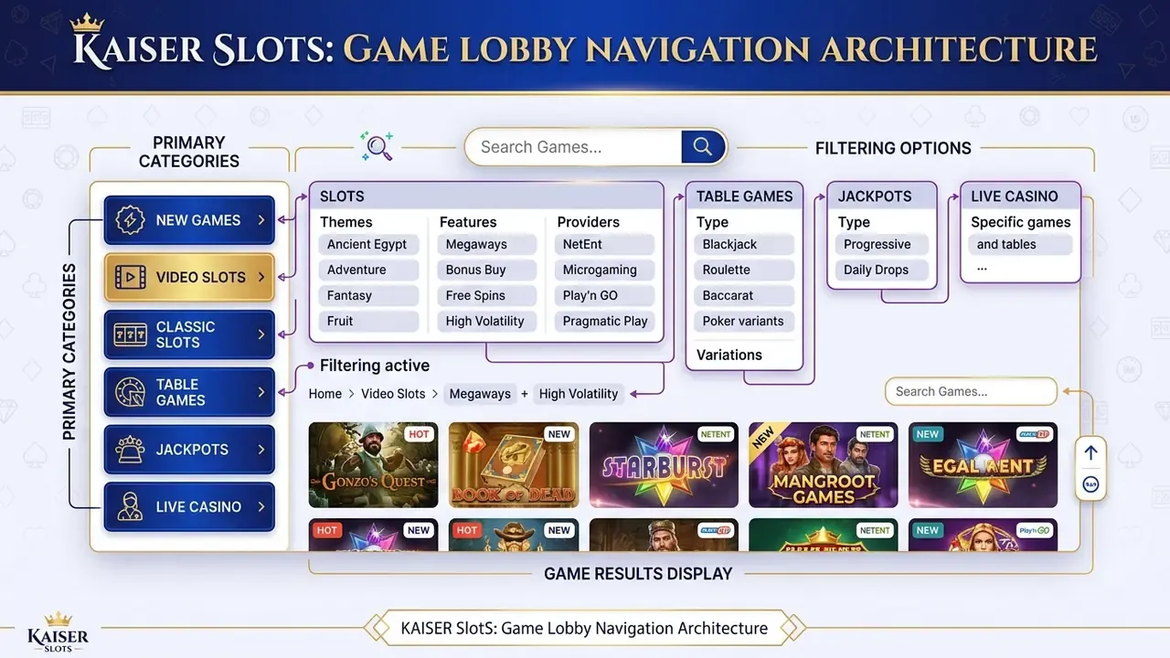 kaiser slots casino game selection layout